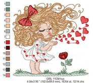 Carica l&#39;immagine nel visualizzatore di Gallery, Long hair Girl embroidery designs - Girl blowing kisses and hearts embroidery design machine embroidery pattern - Girl with flower download
