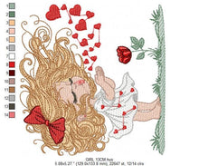 Charger l&#39;image dans la galerie, Long hair Girl embroidery designs - Girl blowing kisses and hearts embroidery design machine embroidery pattern - Girl with flower download
