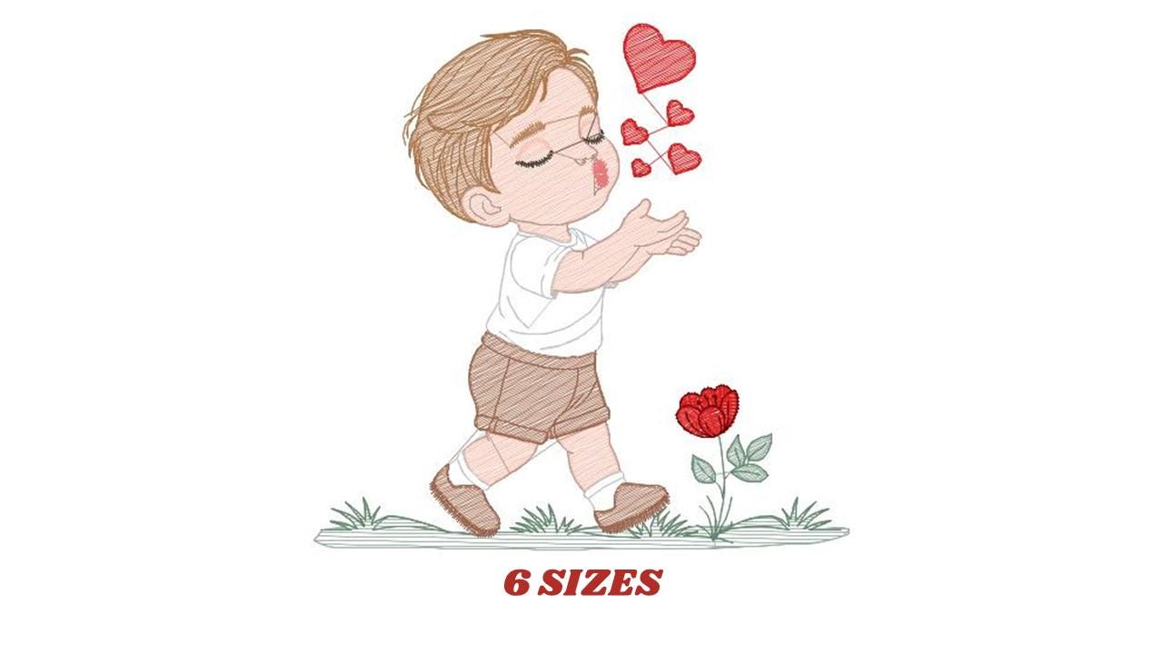 Boy blowing kisses and hearts embroidery design - Boy with flowers embroidery designs machine embroidery pattern - Instant download pes jef