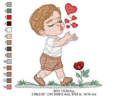 Boy blowing kisses and hearts embroidery design - Boy with flowers embroidery designs machine embroidery pattern - Instant download pes jef