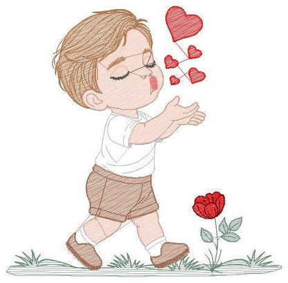 Boy blowing kisses and hearts embroidery design - Boy with flowers embroidery designs machine embroidery pattern - Instant download pes jef