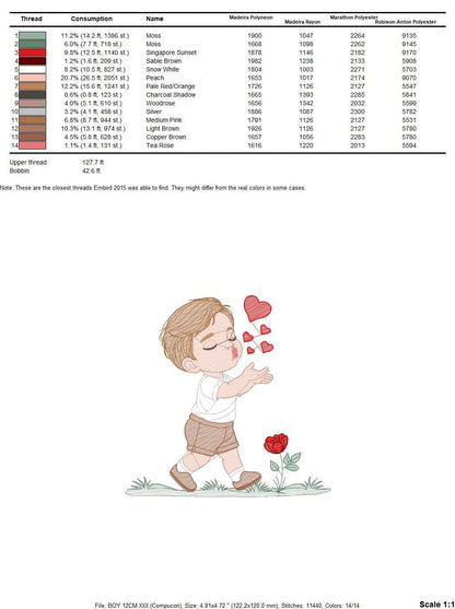 Boy blowing kisses and hearts embroidery design - Boy with flowers embroidery designs machine embroidery pattern - Instant download pes jef