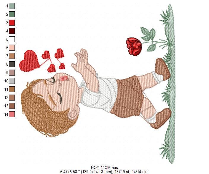 Boy blowing kisses and hearts embroidery design - Boy with flowers embroidery designs machine embroidery pattern - Instant download pes jef