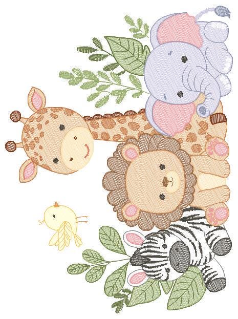 Safari animals embroidery designs - Elephant embroidery design machine embroidery pattern - Giraffe Zebra Lion tropical plants - download
