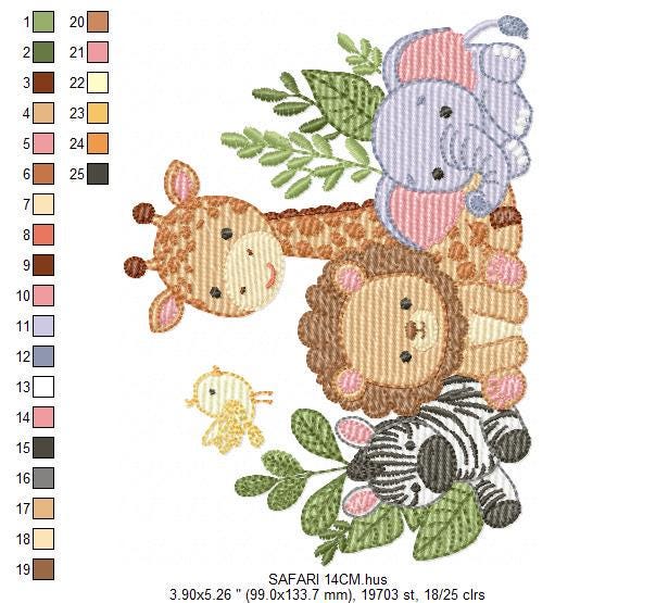 Safari animals embroidery designs - Elephant embroidery design machine embroidery pattern - Giraffe Zebra Lion tropical plants - download