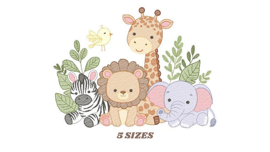 Safari animals embroidery designs - Elephant embroidery design machine embroidery pattern - Giraffe Zebra Lion tropical plants - download
