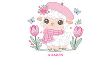 Cargar imagen en el visor de la galería, Sheep embroidery design - Lamb embroidery designs machine embroidery pattern - Girl embroidery - sheep with scarf hat beret tulip - download
