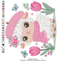 Cargar imagen en el visor de la galería, Sheep embroidery design - Lamb embroidery designs machine embroidery pattern - Girl embroidery - sheep with scarf hat beret tulip - download
