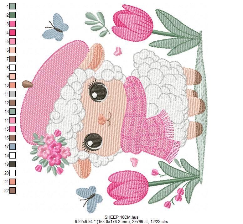 Sheep embroidery design - Lamb embroidery designs machine embroidery pattern - Girl embroidery - sheep with scarf hat beret tulip - download