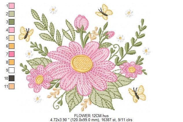 Flower embroidery designs - Flower and Butterfly embroidery design machine embroidery pattern - Floral bouquet embroidery - instant download