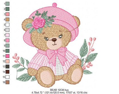 Female Bear embroidery designs - Baby girl embroidery design machine embroidery pattern - Bear with lace and dress embroidery file pes jef