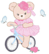 Load image into Gallery viewer, Bear embroidery designs - Baby girl embroidery design machine embroidery pattern - Female bear in a bike embroidery file - instant download
