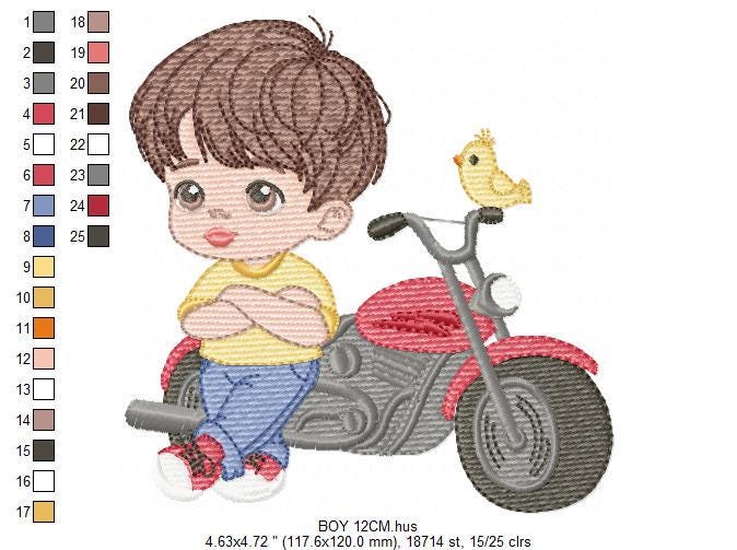 Boy with motorcycle embroidery designs - Boy embroidery design machine embroidery pattern - Motorcyclist Biker Chopper - instant download