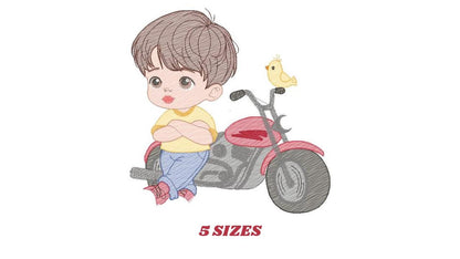 Boy with motorcycle embroidery designs - Boy embroidery design machine embroidery pattern - Motorcyclist Biker Chopper - instant download
