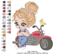 Load image into Gallery viewer, Girl with bike embroidery designs - Motorcycle embroidery design machine embroidery pattern - Scooter Chopper Motocyclist - instant download
