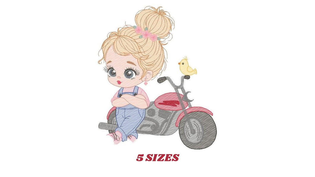 Girl with bike embroidery designs - Motorcycle embroidery design machine embroidery pattern - Scooter Chopper Motocyclist - instant download