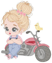 Cargar imagen en el visor de la galería, Girl with bike embroidery designs - Motorcycle embroidery design machine embroidery pattern - Scooter Chopper Motocyclist - instant download
