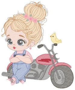 Girl with bike embroidery designs - Motorcycle embroidery design machine embroidery pattern - Scooter Chopper Motocyclist - instant download