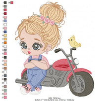 Load image into Gallery viewer, Girl with bike embroidery designs - Motorcycle embroidery design machine embroidery pattern - Scooter Chopper Motocyclist - instant download
