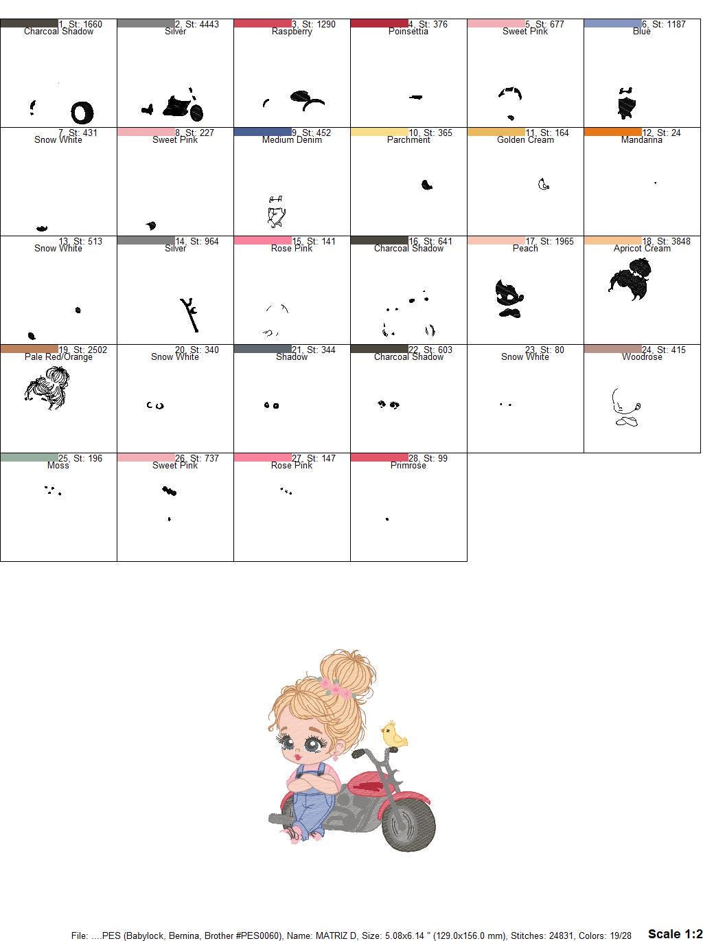 Girl with bike embroidery designs - Motorcycle embroidery design machine embroidery pattern - Scooter Chopper Motocyclist - instant download