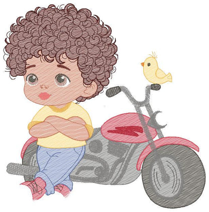 Boy with motorcycle embroidery designs - Baby Boy embroidery design machine embroidery pattern - Motorcyclist Biker Chopper - pes download