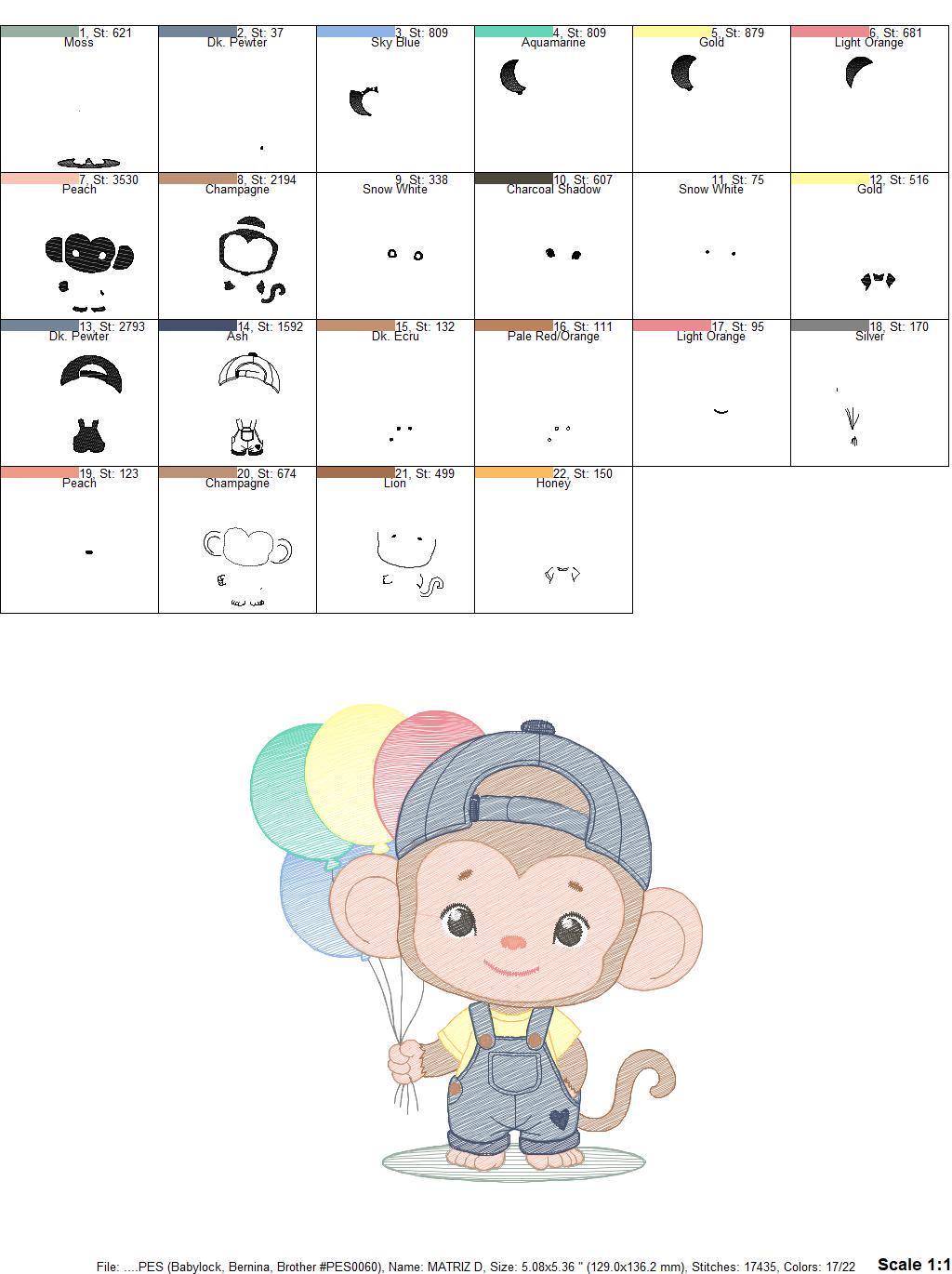 Monkey with balloons embroidery designs - Safari animal embroidery design machine embroidery pattern - Boy embroidery - instant download pes