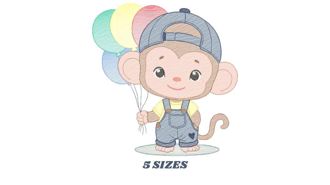 Monkey with balloons embroidery designs - Safari animal embroidery design machine embroidery pattern - Boy embroidery - instant download pes