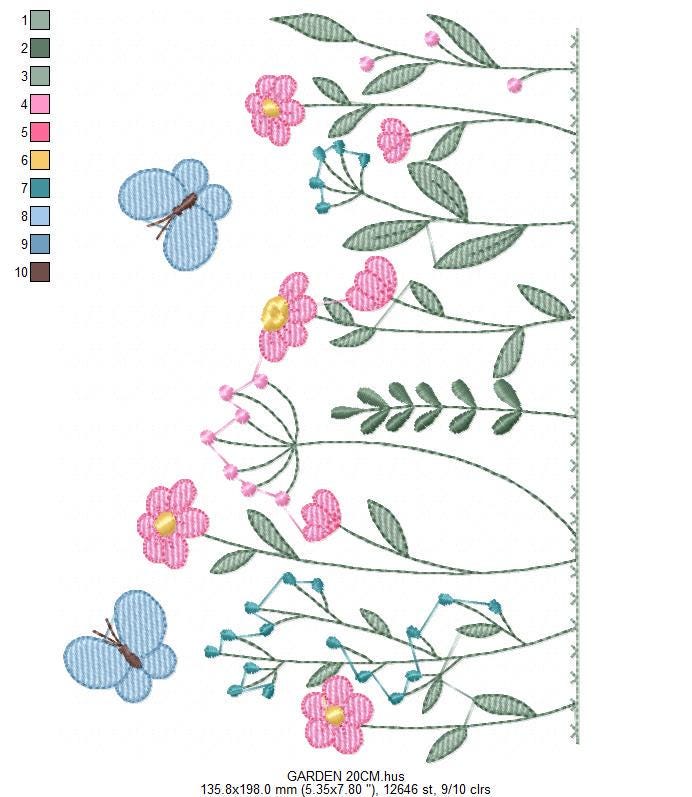 Flower garden embroidery designs - Butterfly embroidery design machine embroidery pattern - Kitchen towel embroidery file - instant download