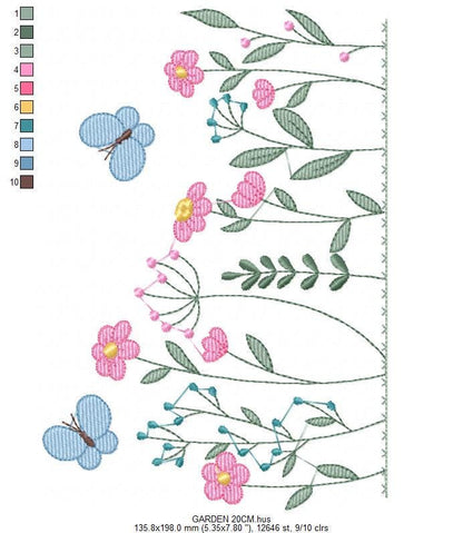 Flower garden embroidery designs - Butterfly embroidery design machine embroidery pattern - Kitchen towel embroidery file - instant download