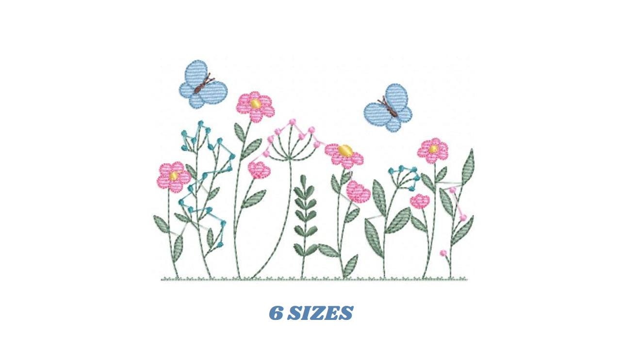 Flower garden embroidery designs - Butterfly embroidery design machine embroidery pattern - Kitchen towel embroidery file - instant download