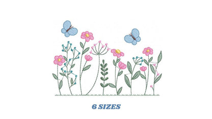 Flower garden embroidery designs - Butterfly embroidery design machine embroidery pattern - Kitchen towel embroidery file - instant download