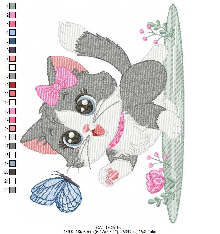 Cat embroidery design - Kitty embroidery designs machine embroidery pattern - Cat with flowers and butterfly embroidery - instant download