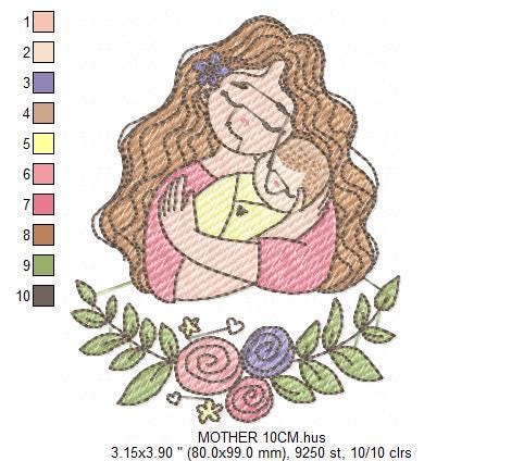 Mother with baby embroidery designs - Girl with newborn embroidery design machine embroidery pattern - Mama with flowers - instant download