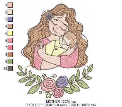 Mother with baby embroidery designs - Girl with newborn embroidery design machine embroidery pattern - Mama with flowers - instant download