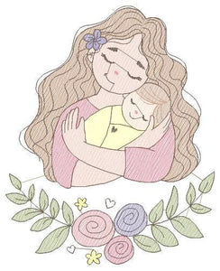 Mother with baby embroidery designs - Girl with newborn embroidery design machine embroidery pattern - Mama with flowers - instant download