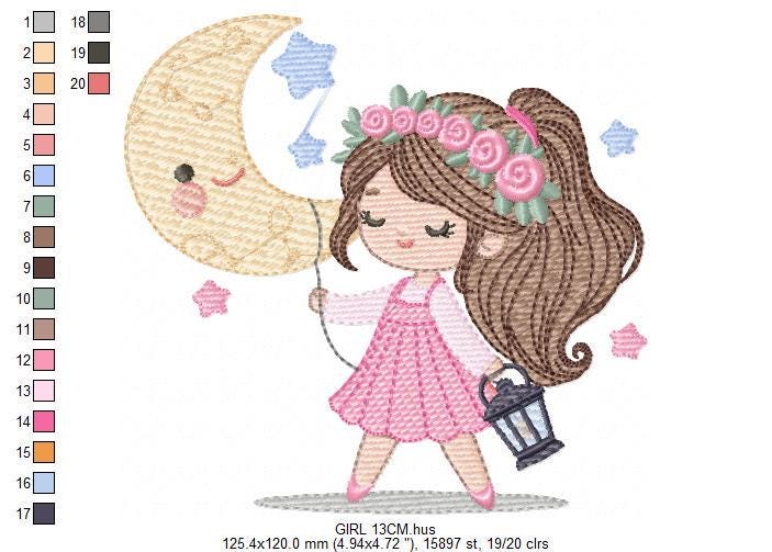 Girl with moon and lamp embroidery designs - Girl embroidery design machine embroidery pattern - Moon embroidery file - instant download pes