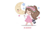 Charger l&#39;image dans la galerie, Girl with moon and lamp embroidery designs - Girl embroidery design machine embroidery pattern - Moon embroidery file - instant download pes
