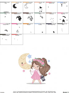 Girl with moon and lamp embroidery designs - Girl embroidery design machine embroidery pattern - Moon embroidery file - instant download pes