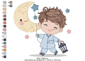 Boy with moon and lamp embroidery design - Half moon embroidery design machine embroidery pattern - Boy embroidery file - instant download