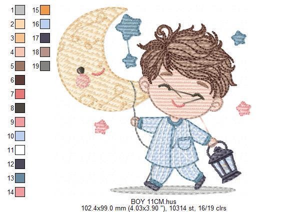 Boy with moon and lamp embroidery design - Half moon embroidery design machine embroidery pattern - Boy embroidery file - instant download