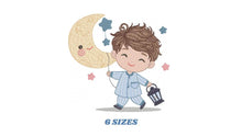 Carica l&#39;immagine nel visualizzatore di Gallery, Boy with moon and lamp embroidery design - Half moon embroidery design machine embroidery pattern - Boy embroidery file - instant download
