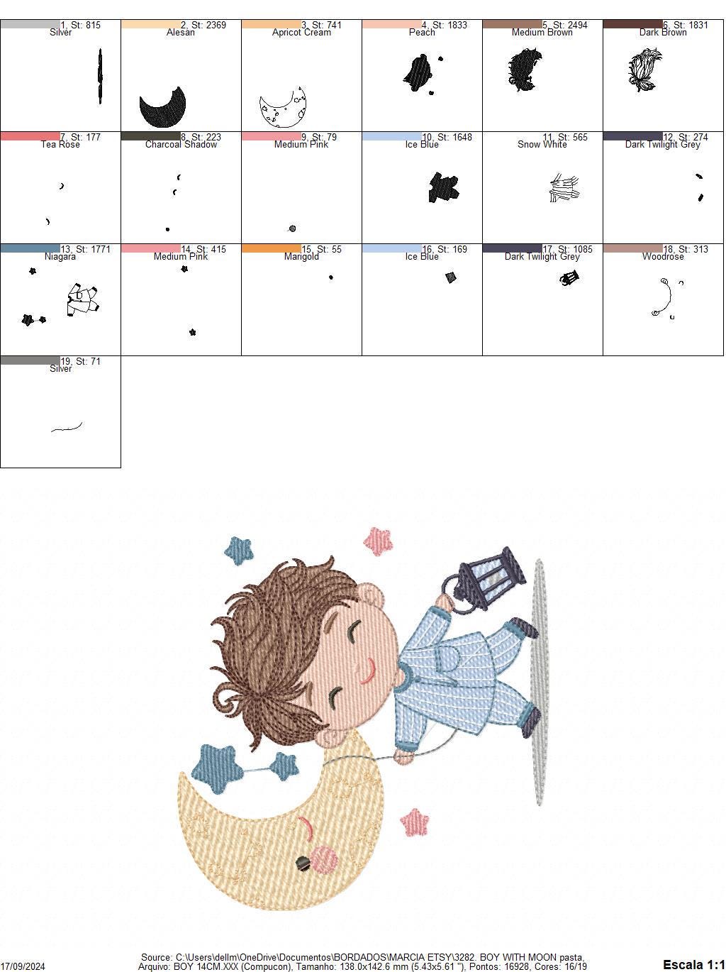 Boy with moon and lamp embroidery design - Half moon embroidery design machine embroidery pattern - Boy embroidery file - instant download