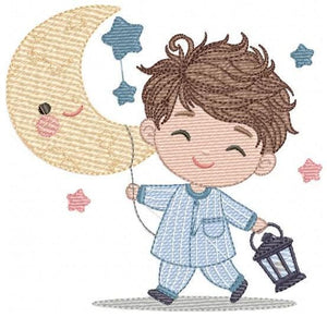 Boy with moon and lamp embroidery design - Half moon embroidery design machine embroidery pattern - Boy embroidery file - instant download