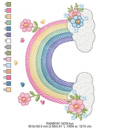 Rainbow with flowers embroidery design - Rainbow with clouds embroidery designs machine embroidery pattern - instant digital download pes