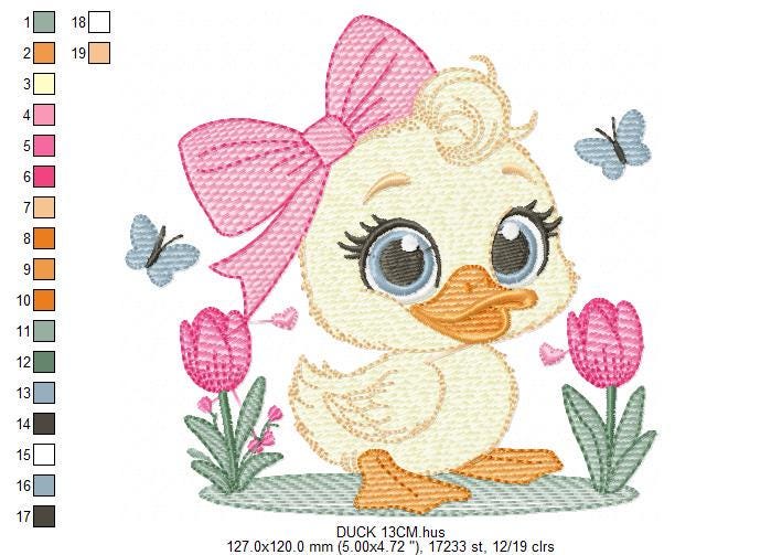 Female Duck embroidery design - Baby girl animal with big lace machine embroidery pattern - Instant digital download pes jef dst