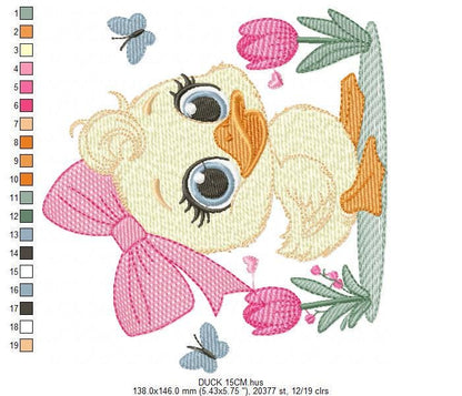 Female Duck embroidery design - Baby girl animal with big lace machine embroidery pattern - Instant digital download pes jef dst