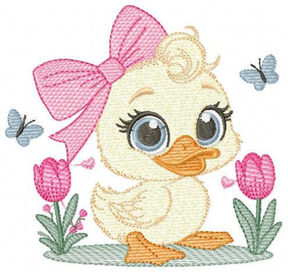 Female Duck embroidery design - Baby girl animal with big lace machine embroidery pattern - Instant digital download pes jef dst