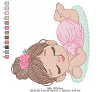 Load image into Gallery viewer, Sleeping girl with roses embroidery designs - Baby Girl with dress embroidery design machine embroidery pattern - instant download pes jef
