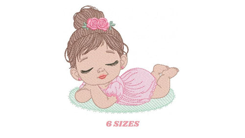 Sleeping girl with roses embroidery designs - Baby Girl with dress embroidery design machine embroidery pattern - instant download pes jef