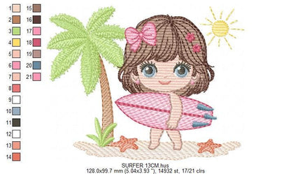 Surfer Girl embroidery designs - Beach Swimmer embroidery design machine embroidery pattern - Coconut tree embroidery - instant download